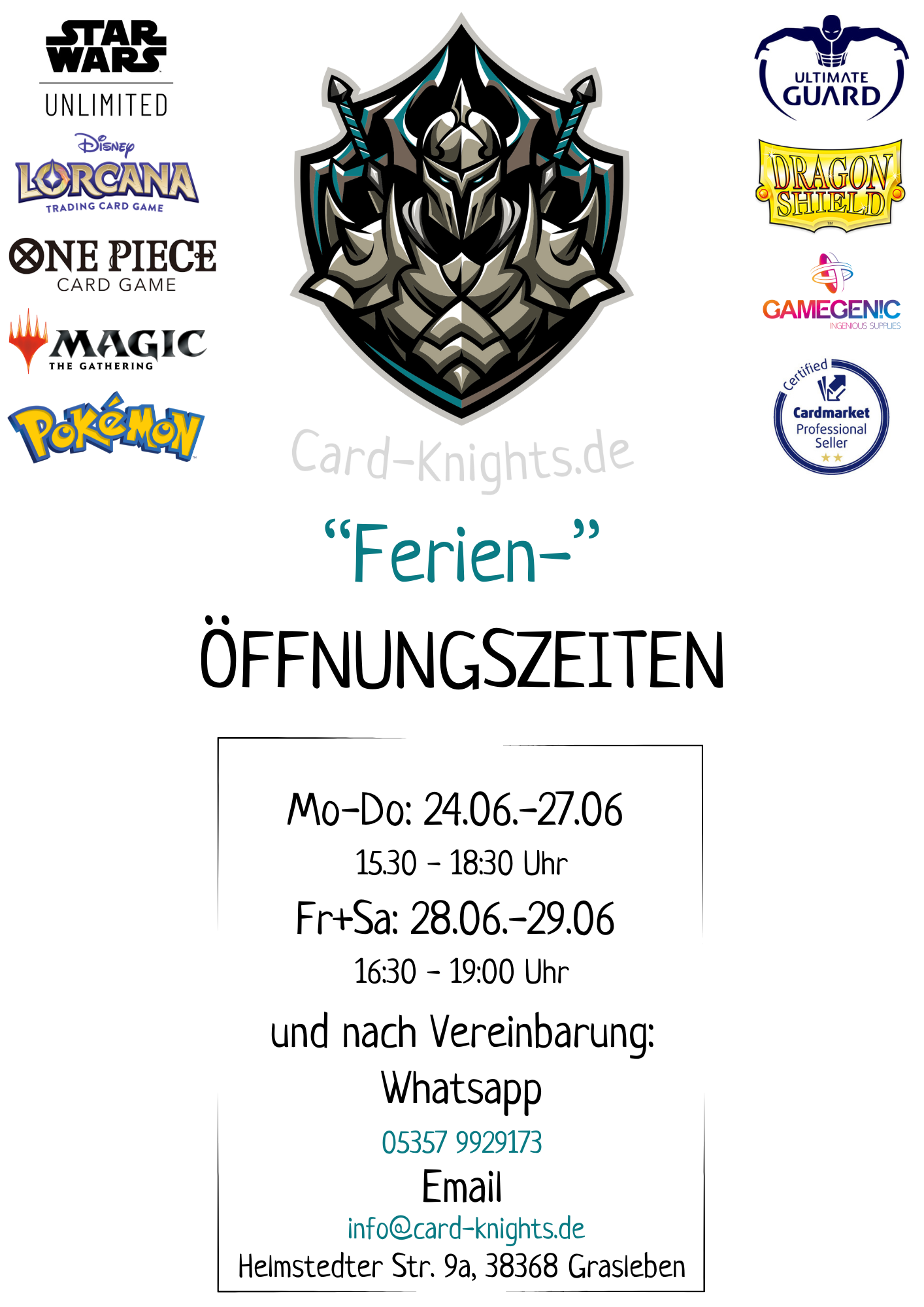 Öffnungszeiten vom 24.06. - 30.06.2024 "Ferienzeit"